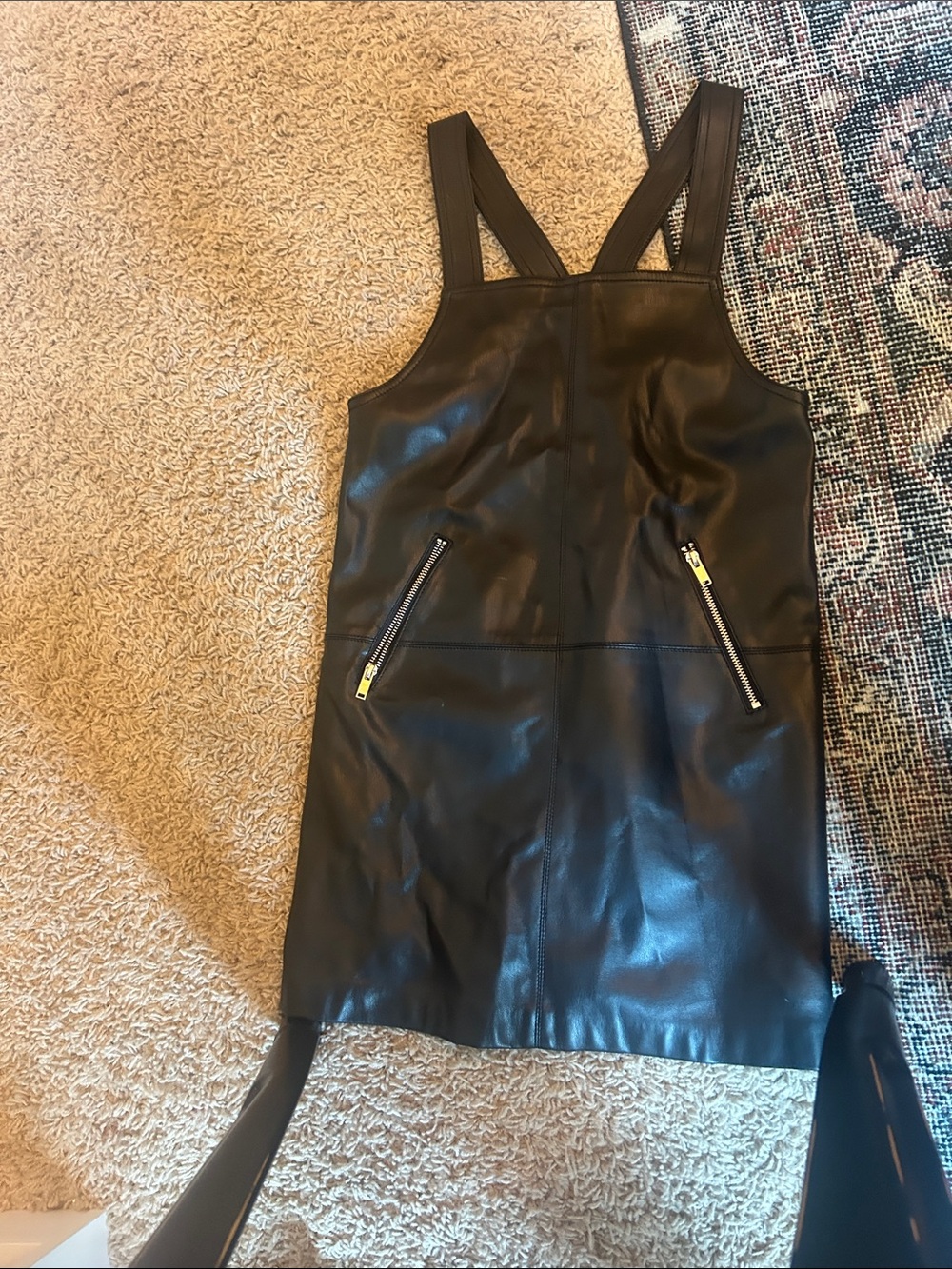 Black Faux Leather Pinafore Dress with Zipper Pockets - Kids